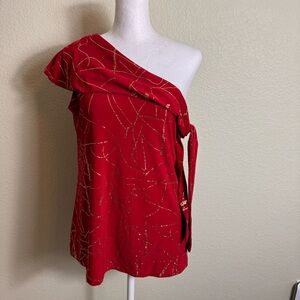 Toto Womens Blouse Top One Shoulder Red with Gold Sparkly Design Size 2X Holiday